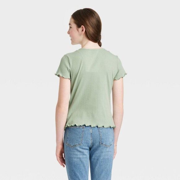 NEW Art Class Ribbed Ruffled Tee in Pastel Sage - Picture 3 of 6